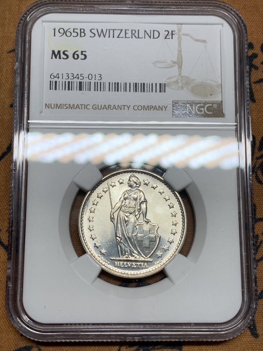 《竞宝斋》第107场-周日，周一 2场连拍（全场包邮） NGC MS65 1965年瑞士2法郎 2法郎高分比较难得 不是常见的1967年