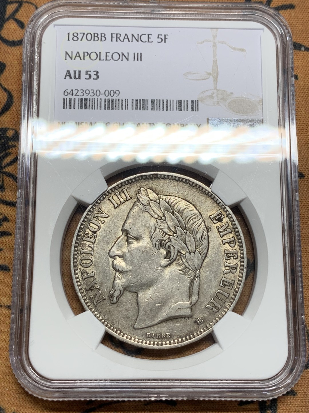 《竞宝斋》第107场-周日，周一 2场连拍（全场包邮） NGC-AU53 法国1870-BB年 拿破仑三世5法郎大银币 原味好品