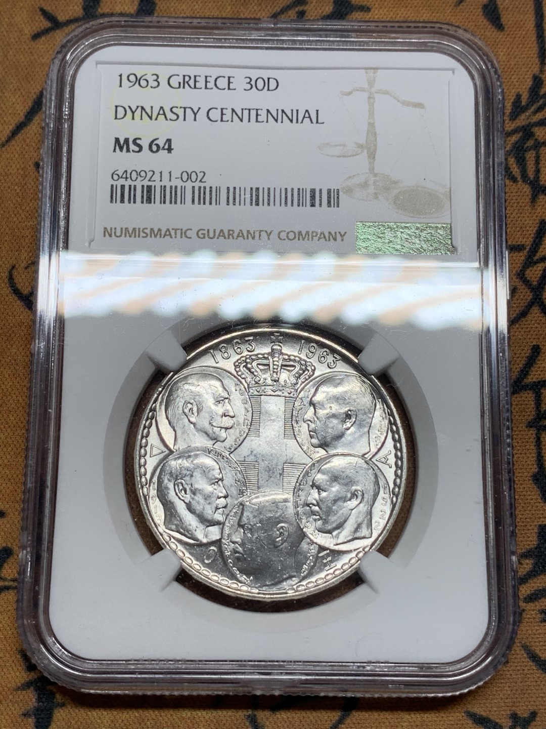 《竞宝斋》第107场-周日，周一 2场连拍（全场包邮） NGC-MS64 希腊 银币  1963 30德拉克马 百年王朝