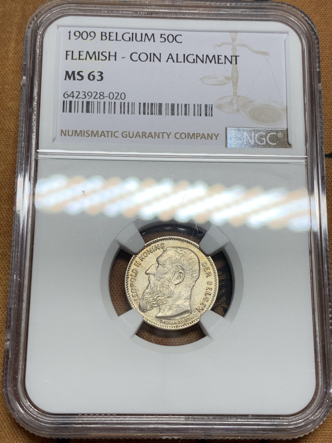 《竞宝斋》第107场-周日，周一 2场连拍（全场包邮） NGC-MS63 比利时1909年 利奥波德二世大胡子版 50分银币 少见品种 上MS极少