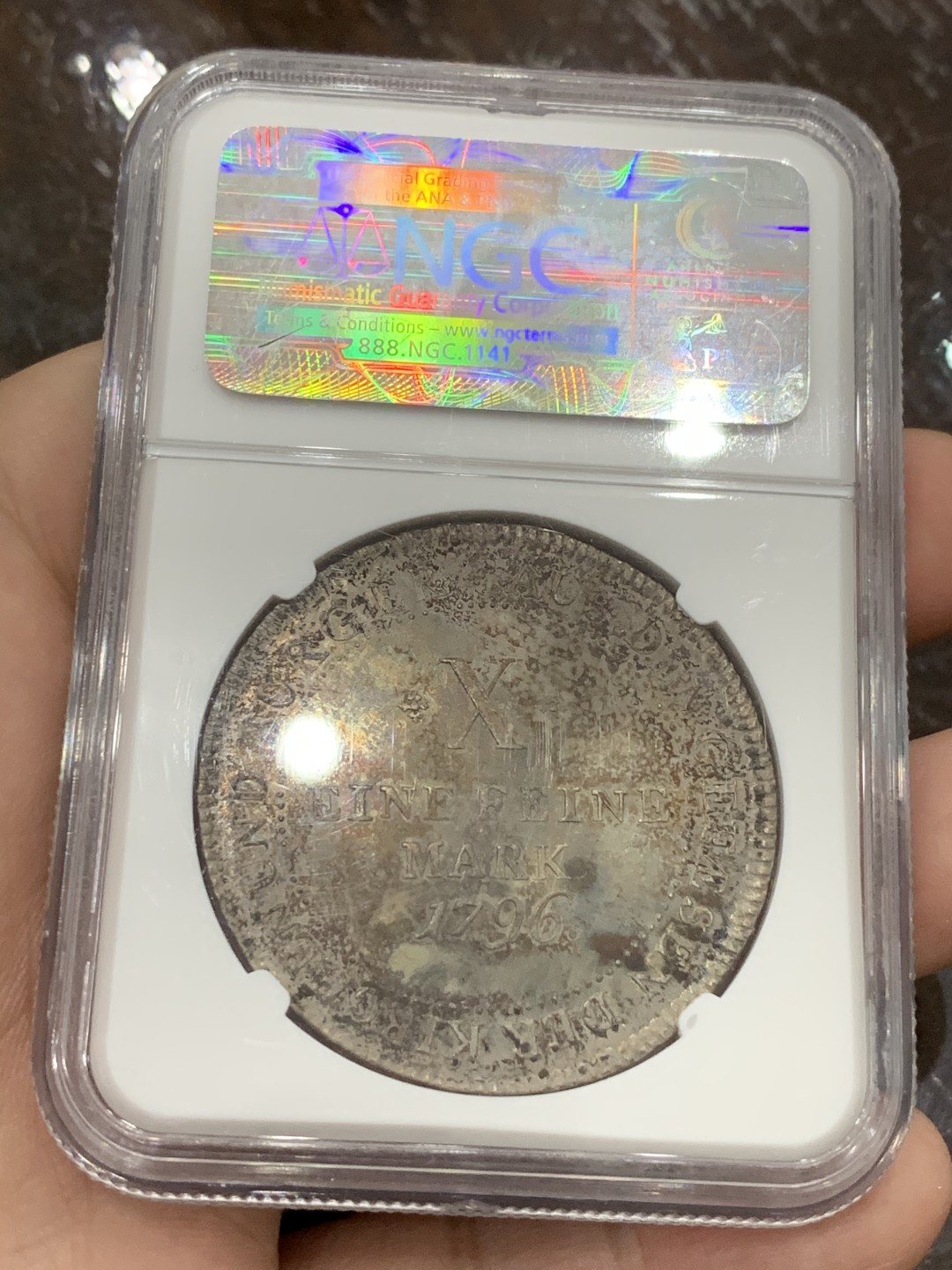 《竞宝斋》第107场-周日，周一 2场连拍（全场包邮） NGC MS63 德国 1796年 法兰克福 烧鸡泰勒 双面彩色包浆 底光好 值得收藏