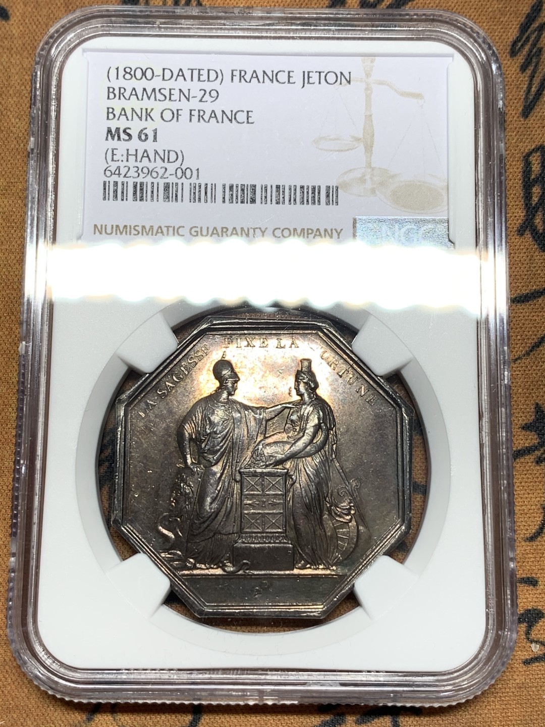 《竞宝斋》第107场-周日，周一 2场连拍（全场包邮） NGC MS61 法国1800年法兰西银行女神八角银质 代币 双面深五彩