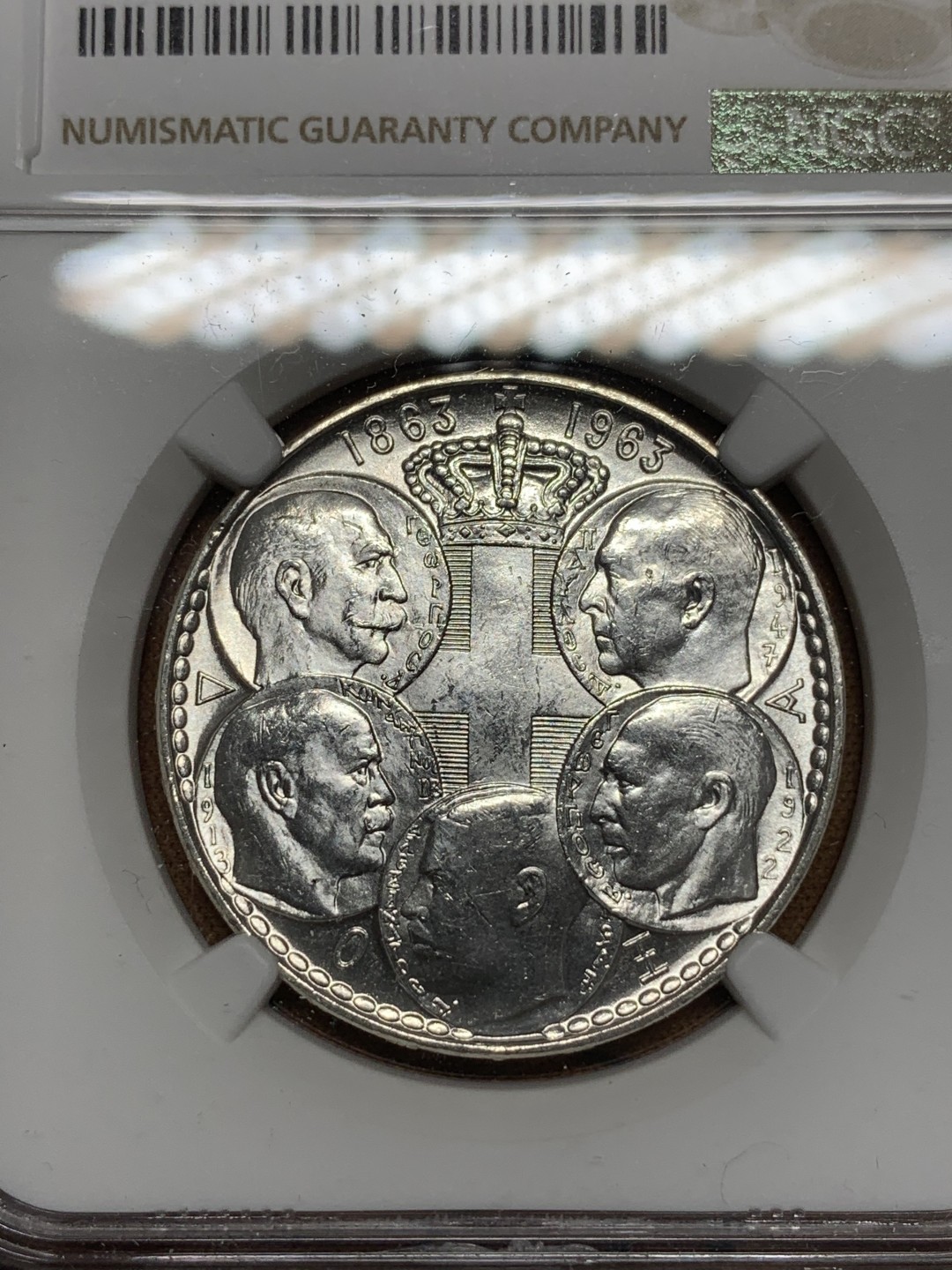 《竞宝斋》第107场-周日，周一 2场连拍（全场包邮） NGC-MS64 希腊 银币  1963 30德拉克马 百年王朝