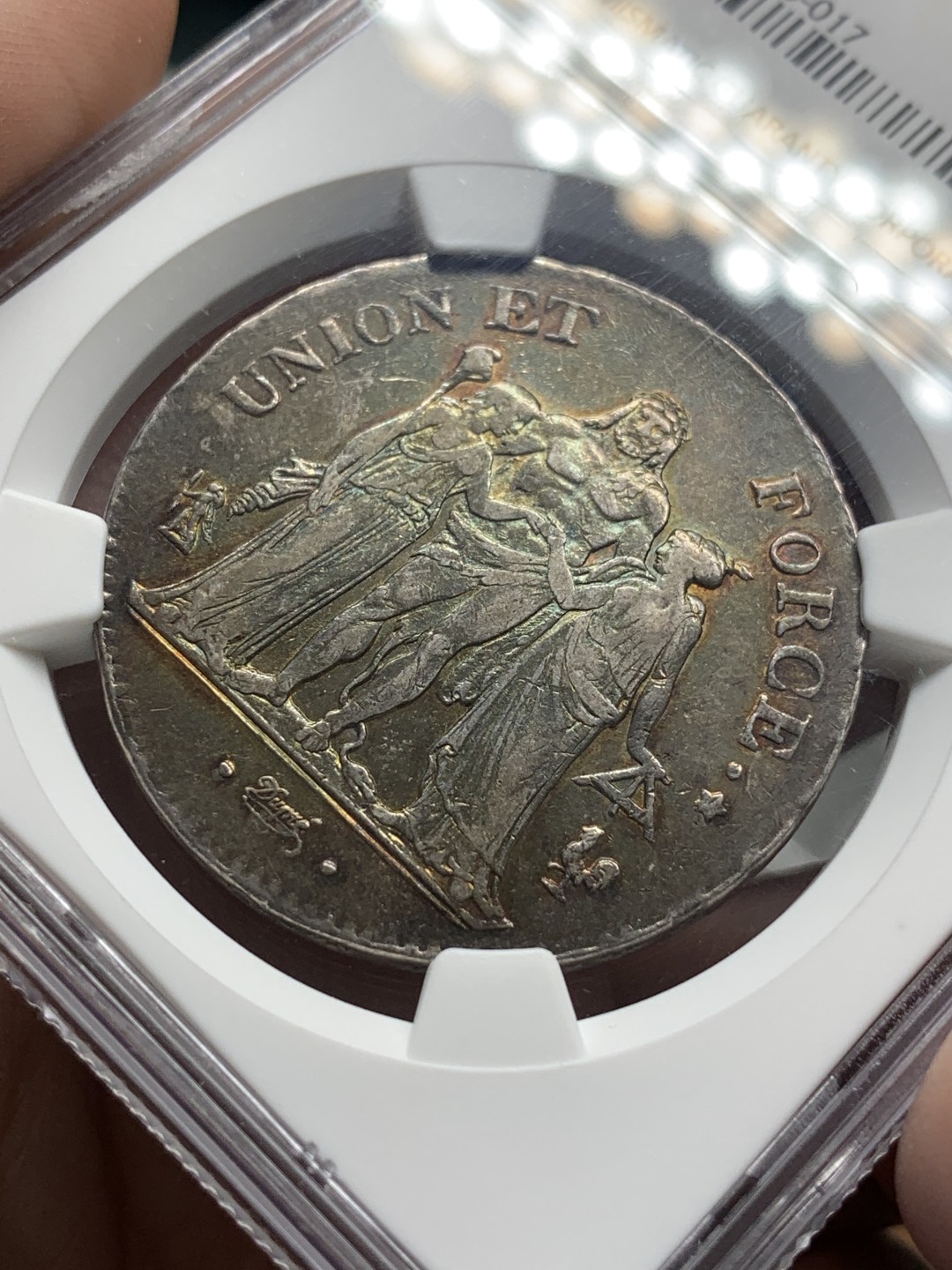 《竞宝斋》第107场-周日，周一 2场连拍（全场包邮） NGC AU50 法国第一共和国 LAN11年 大力神 5法郎银币 带光 五彩包浆 可收藏