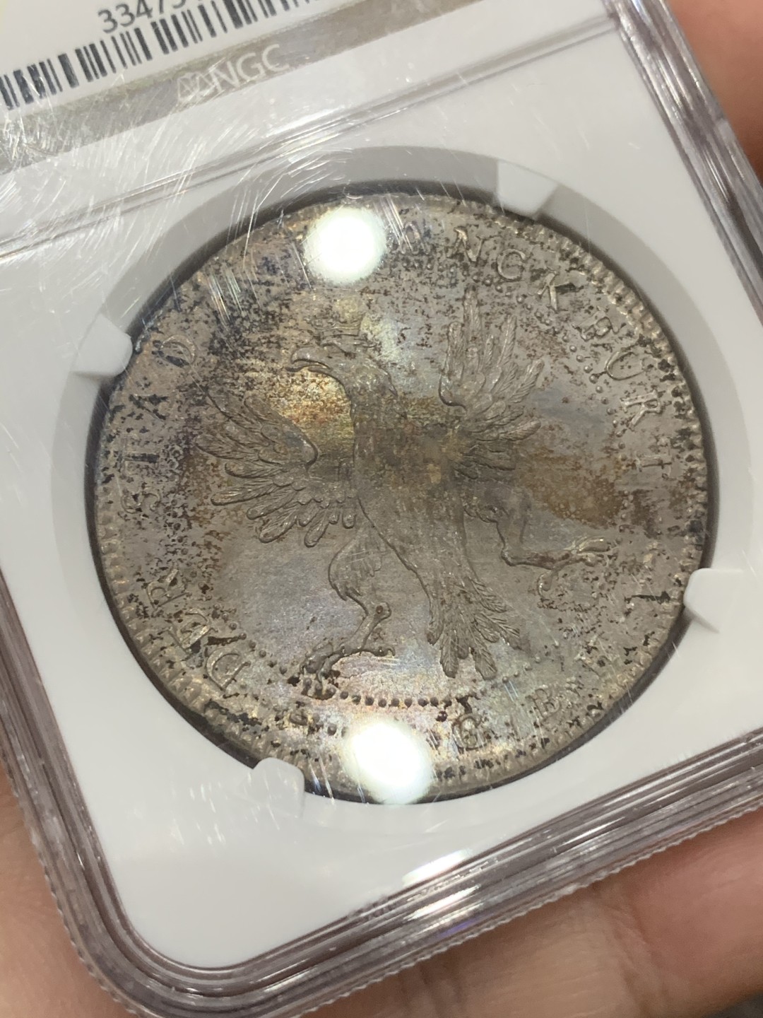 《竞宝斋》第107场-周日，周一 2场连拍（全场包邮） NGC MS63 德国 1796年 法兰克福 烧鸡泰勒 双面彩色包浆 底光好 值得收藏