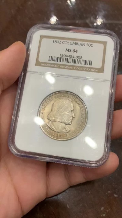 《竞宝斋》第107场-周日，周一 2场连拍（全场包邮） NGC MS64 美国1892年哥伦布纪念半美元银币，首年版比1893少得多，原光好品