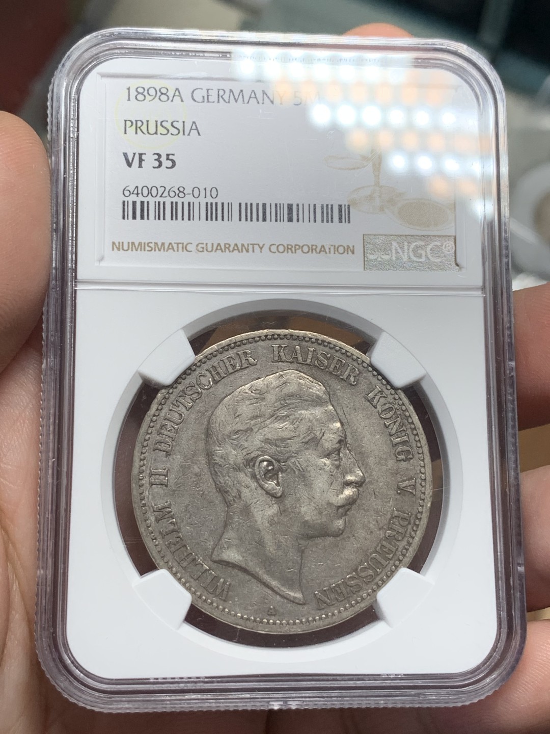 《竞宝斋》第107场-周日，周一 2场连拍（全场包邮） NGC-VF35 德国 1898年 普鲁士5马克银币 味道不错