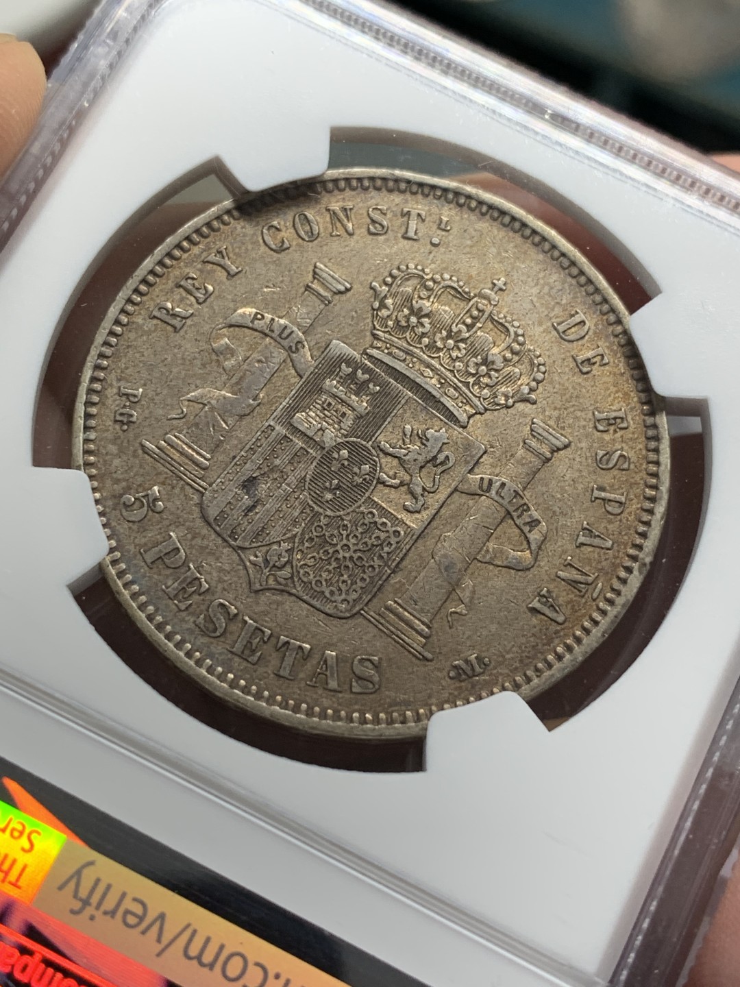 《竞宝斋》第107场-周日，周一 2场连拍（全场包邮） NGC XF 西班牙 1892年爆炸头 5比塞塔 银币 原味包浆