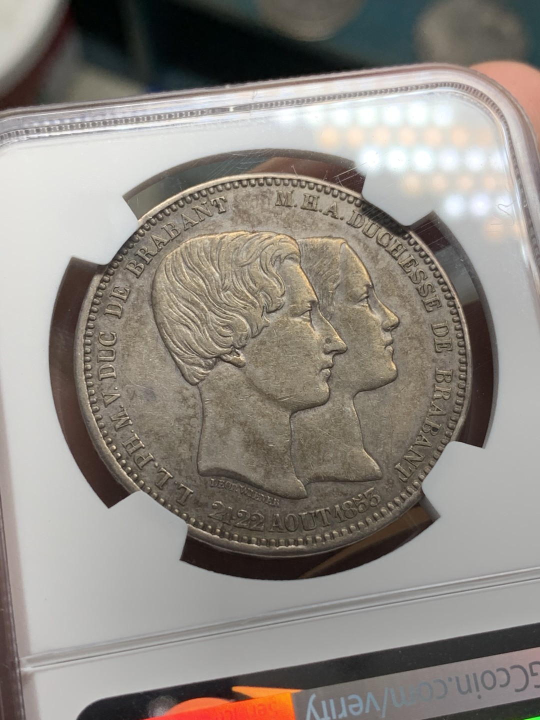 《竞宝斋》第107场-周日，周一 2场连拍（全场包邮） NGC-AU50 比利时1853年利奥波德一世皇家婚礼纪念5法郎原味银币 少见品种