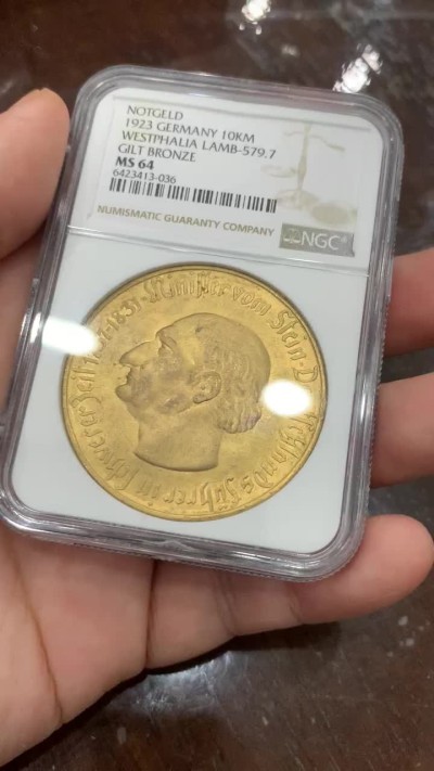 《竞宝斋》第107场-周日，周一 2场连拍（全场包邮） NGC MS64 德国 德紧1923年10000马克镀金大马铜币