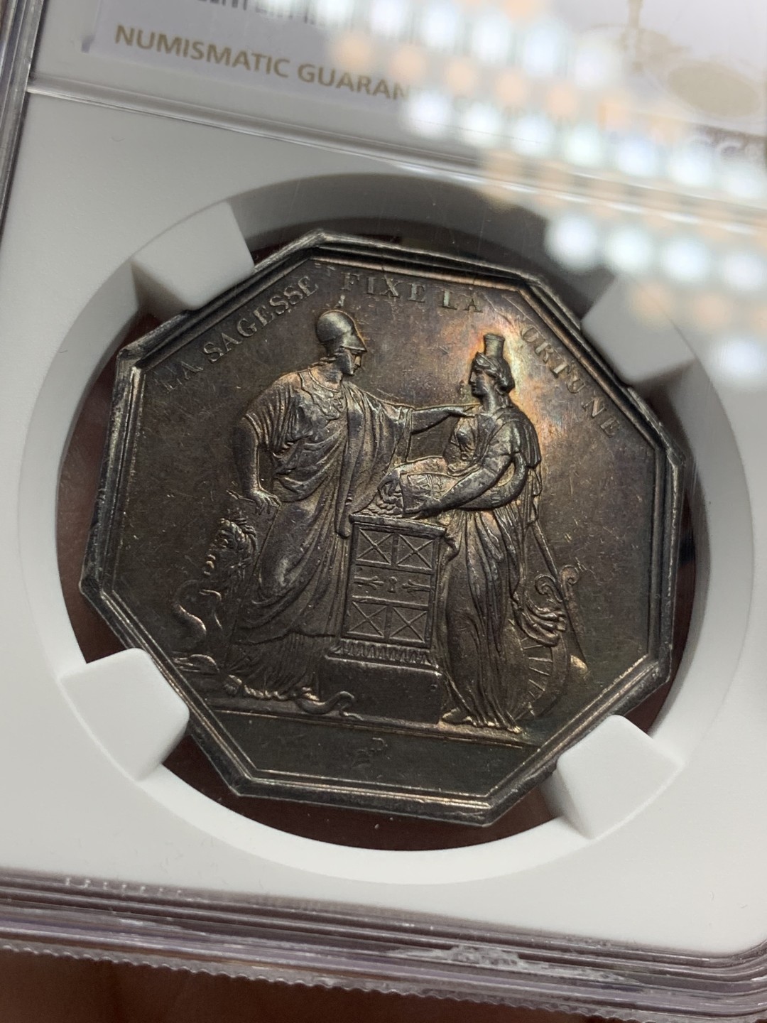 《竞宝斋》第107场-周日，周一 2场连拍（全场包邮） NGC MS61 法国1800年法兰西银行女神八角银质 代币 双面深五彩