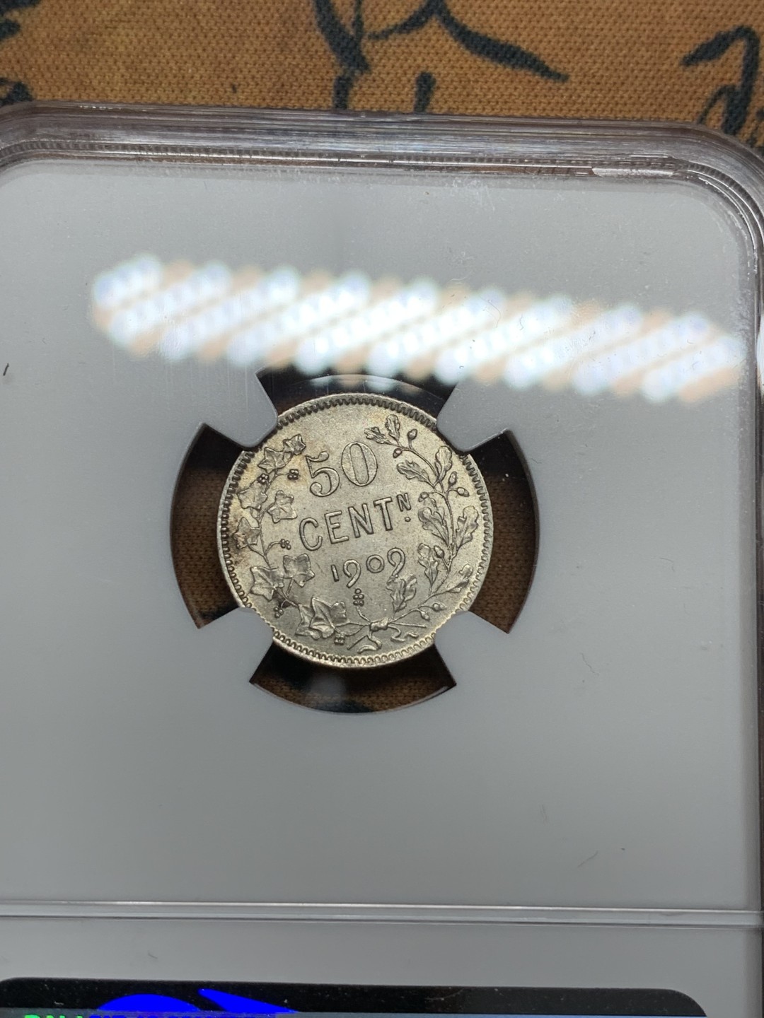 《竞宝斋》第107场-周日，周一 2场连拍（全场包邮） NGC-MS63 比利时1909年 利奥波德二世大胡子版 50分银币 少见品种 上MS极少