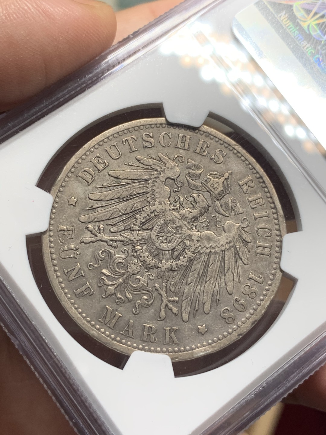 《竞宝斋》第107场-周日，周一 2场连拍（全场包邮） NGC-VF35 德国 1898年 普鲁士5马克银币 味道不错