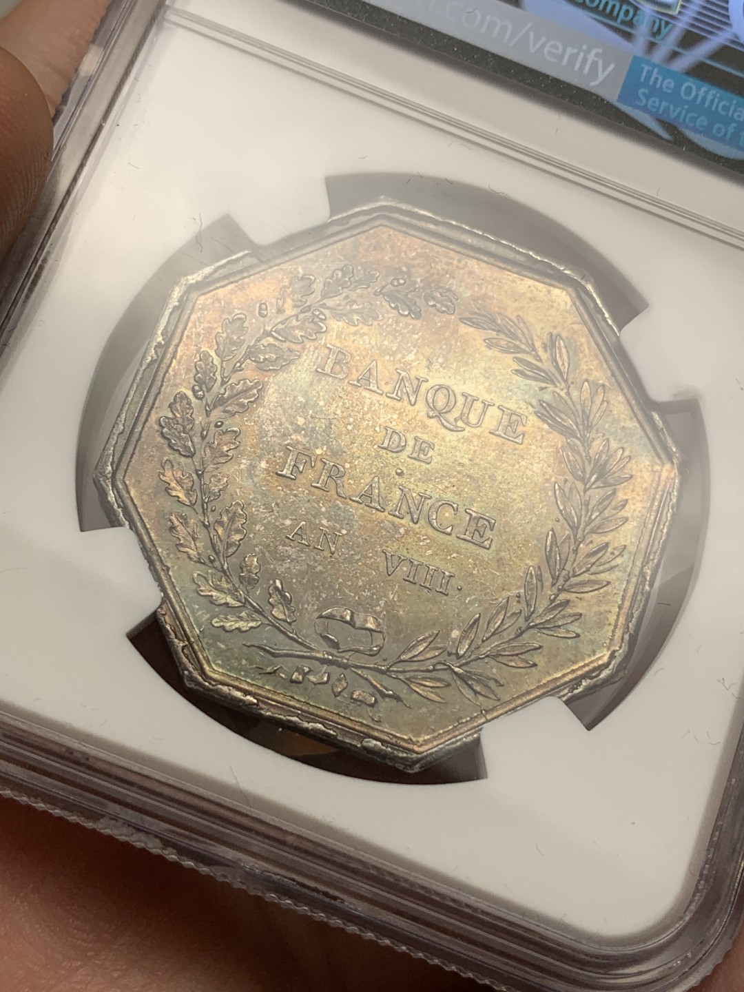 《竞宝斋》第107场-周日，周一 2场连拍（全场包邮） NGC MS61 法国1800年法兰西银行女神八角银质 代币 双面深五彩