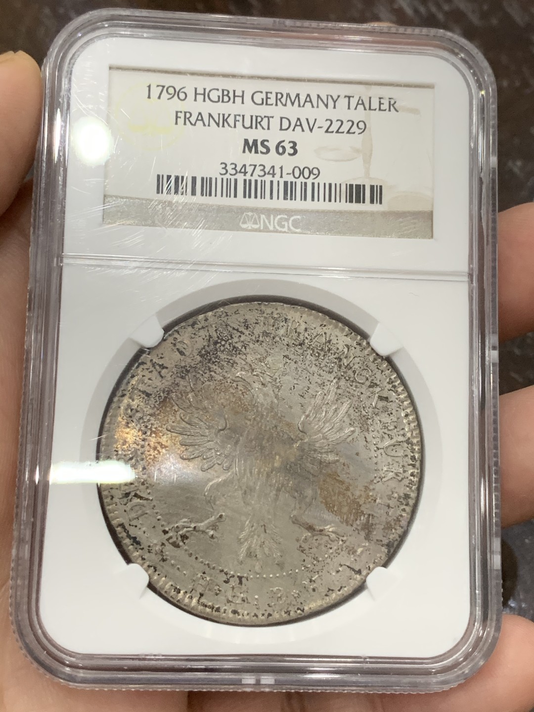 《竞宝斋》第107场-周日，周一 2场连拍（全场包邮） NGC MS63 德国 1796年 法兰克福 烧鸡泰勒 双面彩色包浆 底光好 值得收藏