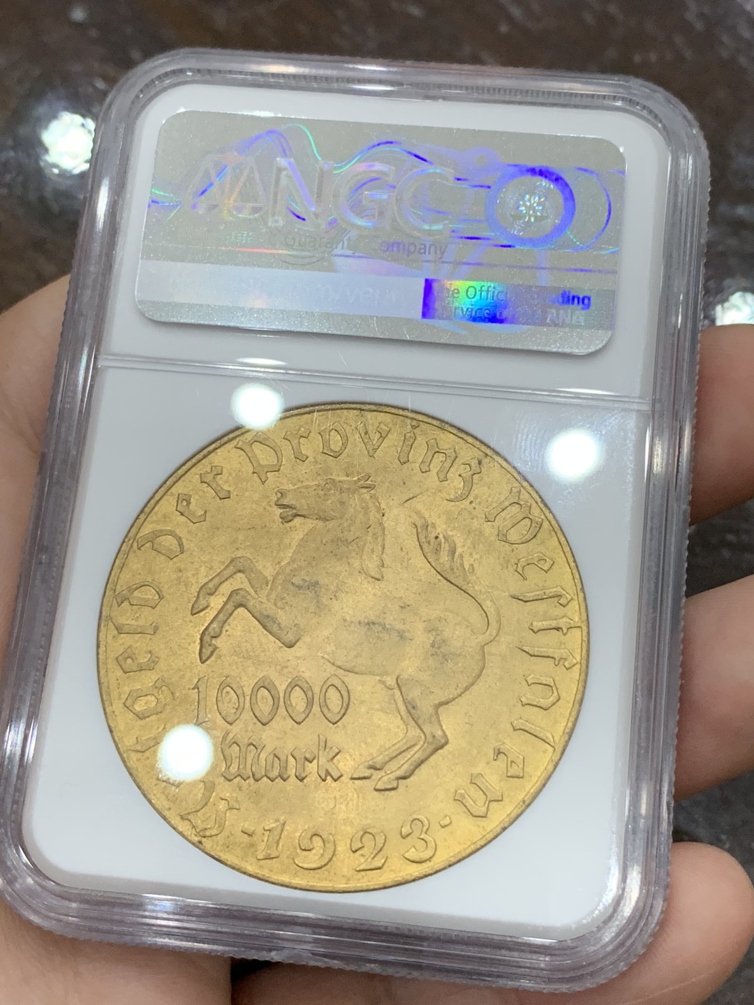 《竞宝斋》第107场-周日，周一 2场连拍（全场包邮） NGC MS64 德国 德紧1923年10000马克镀金大马铜币