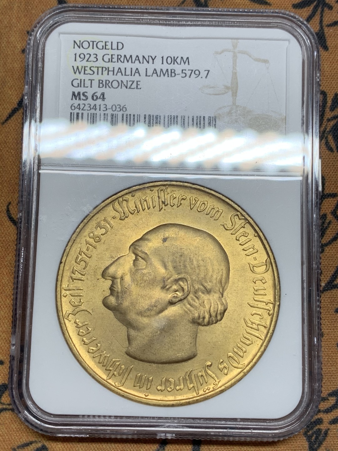 《竞宝斋》第107场-周日，周一 2场连拍（全场包邮） NGC MS64 德国 德紧1923年10000马克镀金大马铜币