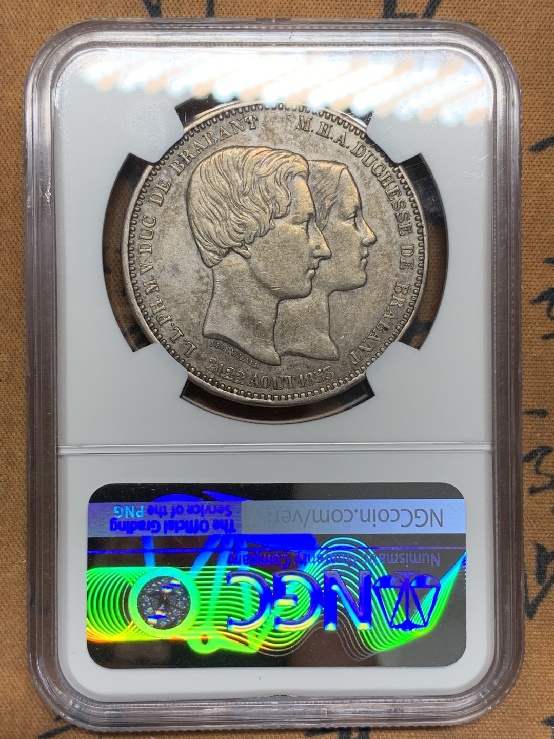 《竞宝斋》第107场-周日，周一 2场连拍（全场包邮） NGC-AU50 比利时1853年利奥波德一世皇家婚礼纪念5法郎原味银币 少见品种