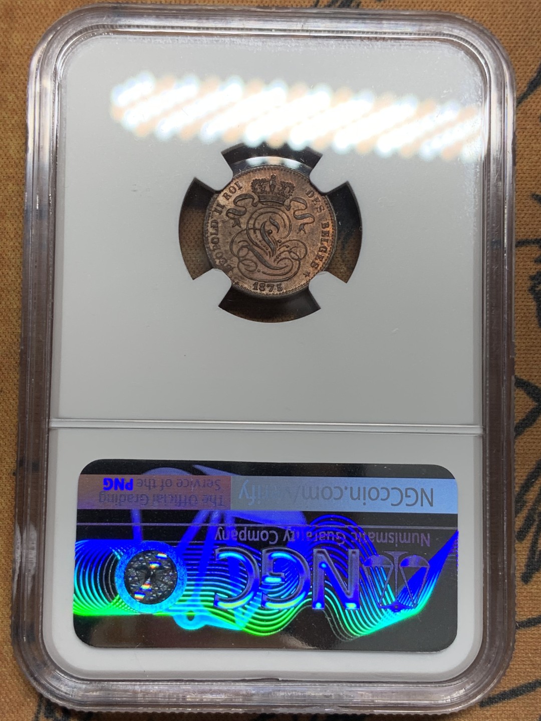 《竞宝斋》第107场-周日，周一 2场连拍（全场包邮） 冠军分 NGC-MS63 比利时1875年 坐狮 1分铜币 顶级状态