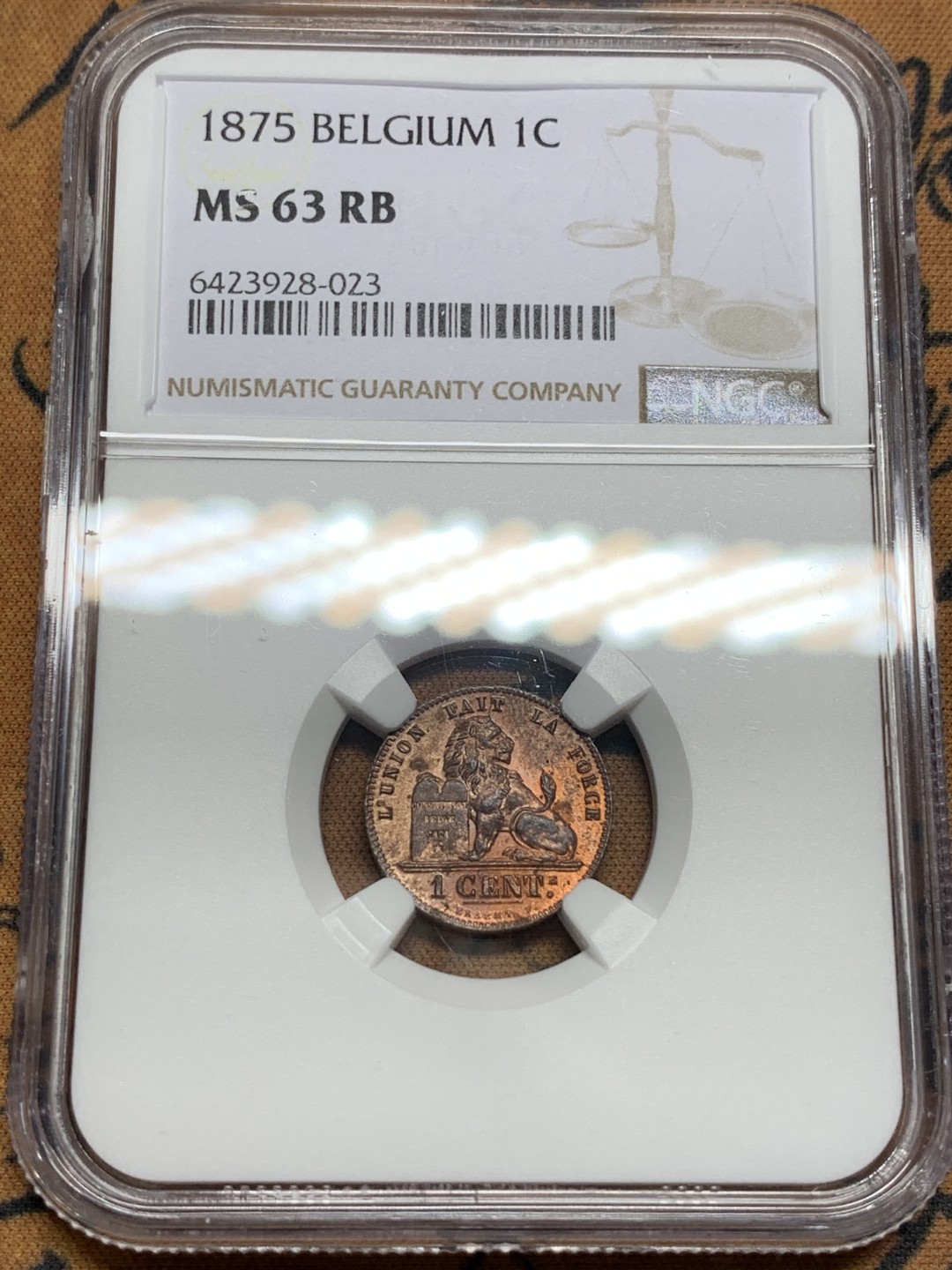 《竞宝斋》第107场-周日，周一 2场连拍（全场包邮） 冠军分 NGC-MS63 比利时1875年 坐狮 1分铜币 顶级状态