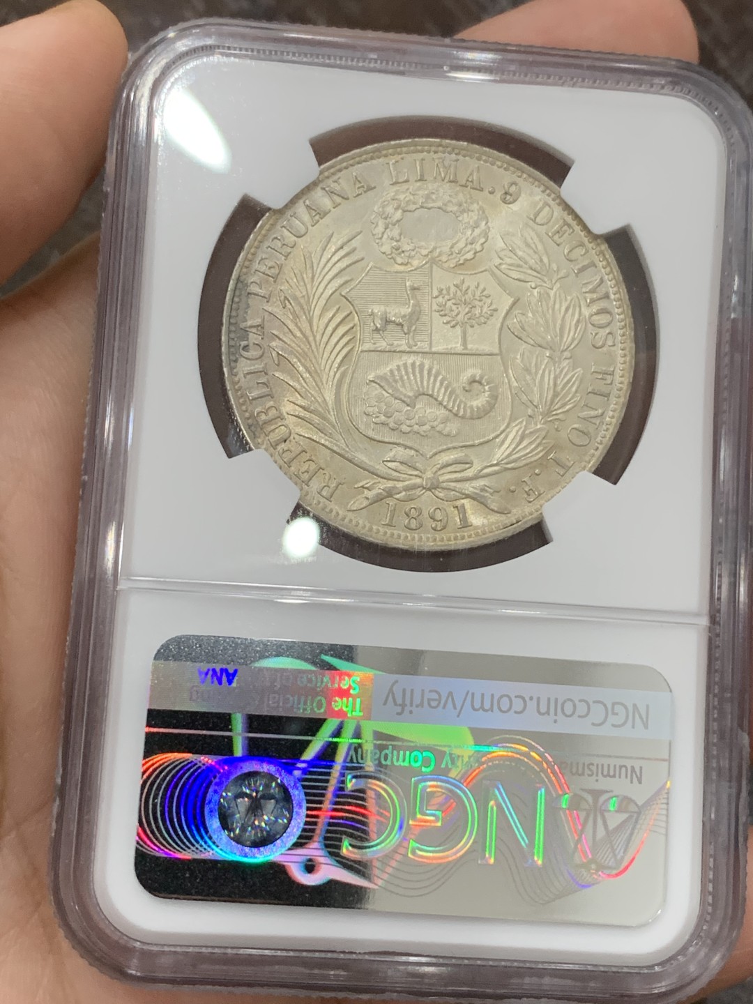 《竞宝斋》第107场-周日，周一 2场连拍（全场包邮） NGC-NS64  亚军分 双骑字版  1891/8 TF/BF秘鲁自由女神1索尔银币，状态极好