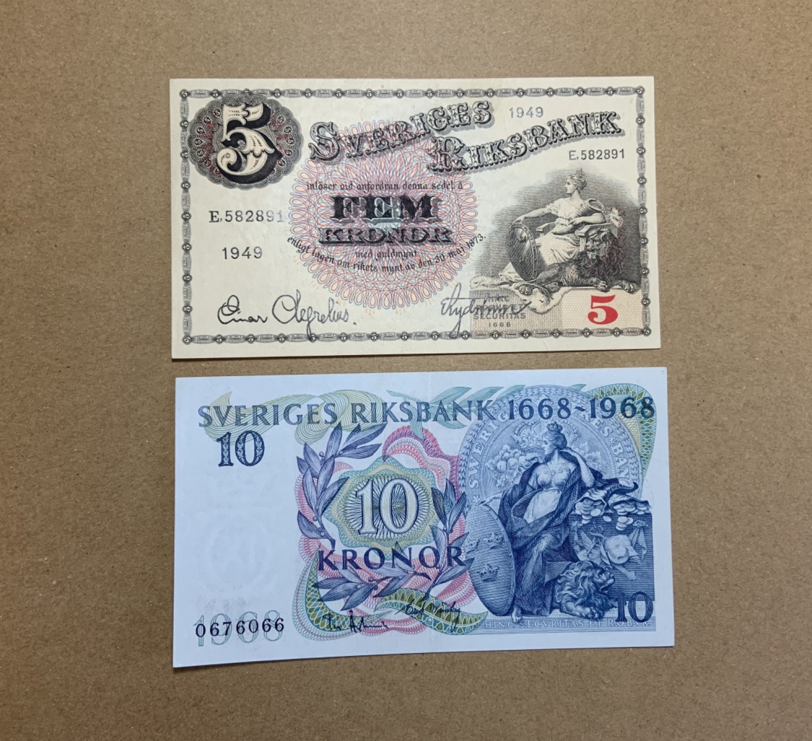 收藏联盟Quantum Auction 第198期拍卖 (已更新) 瑞典1949年5克朗和1968年10克朗纪念钞 品相5克朗UNC-  10克朗AU 早期版本