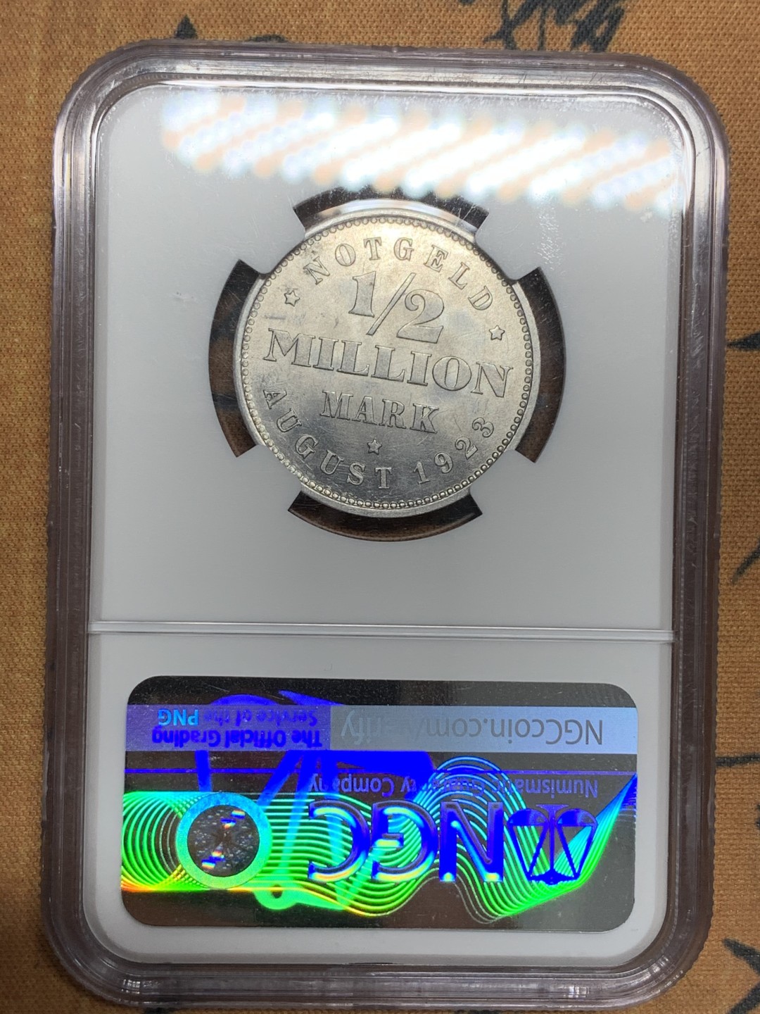 《竞宝斋》第107场-周日，周一 2场连拍（全场包邮） NGC MS63 德国 德紧 1923年 1/2马克 双狮铝币