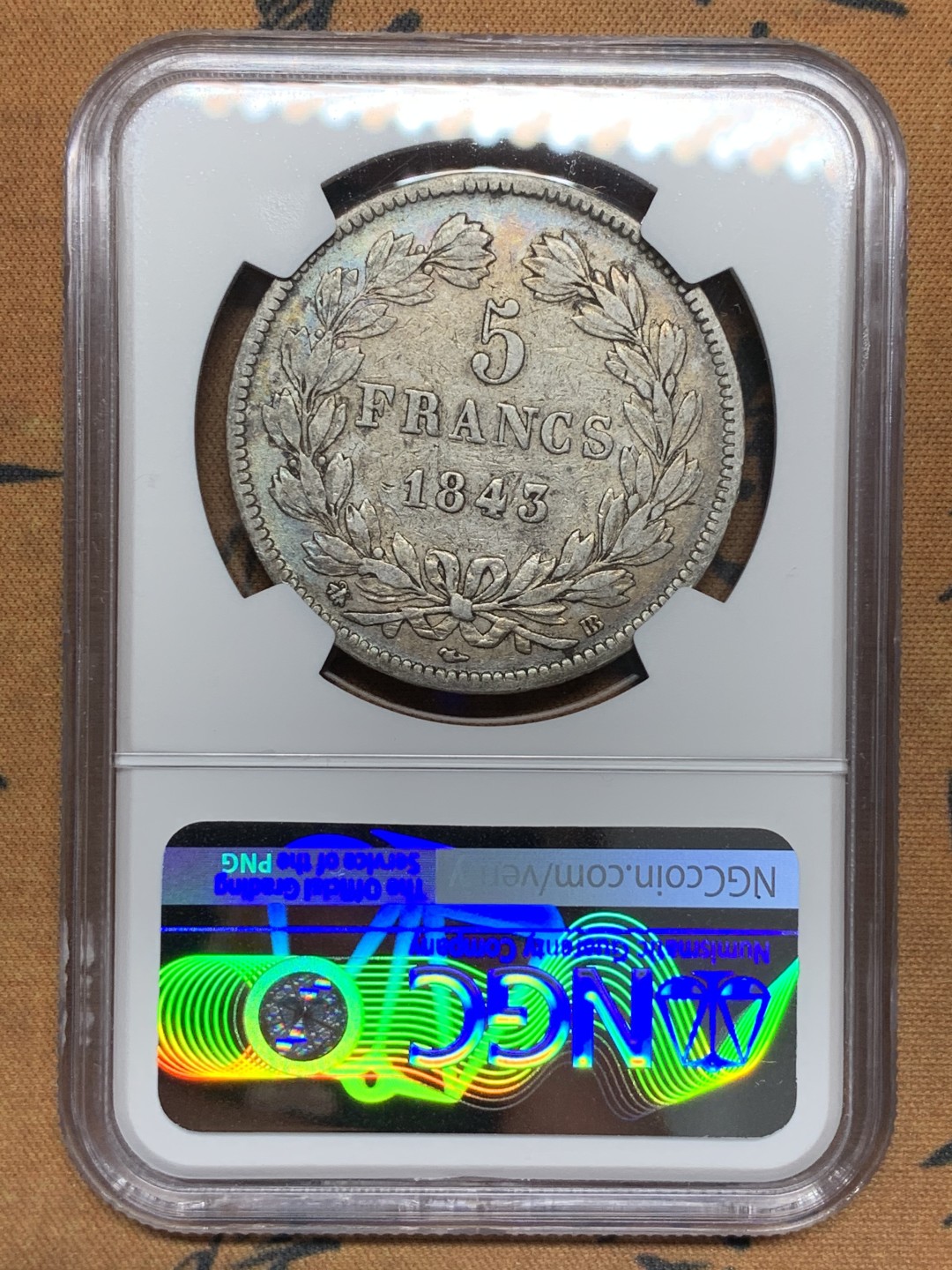 《竞宝斋》第107场-周日，周一 2场连拍（全场包邮） NGC-XF40 法国1843-BB年 菲利普一世 5法郎大银币 原味好品