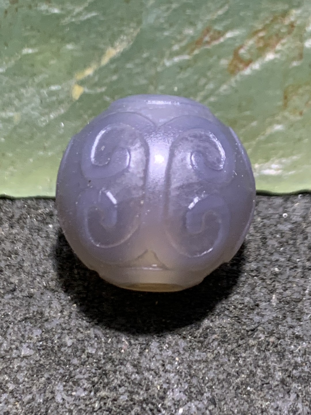 精美高玉化舍利灰色玛瑙雕刻回纹珠（云纹珠）一颗