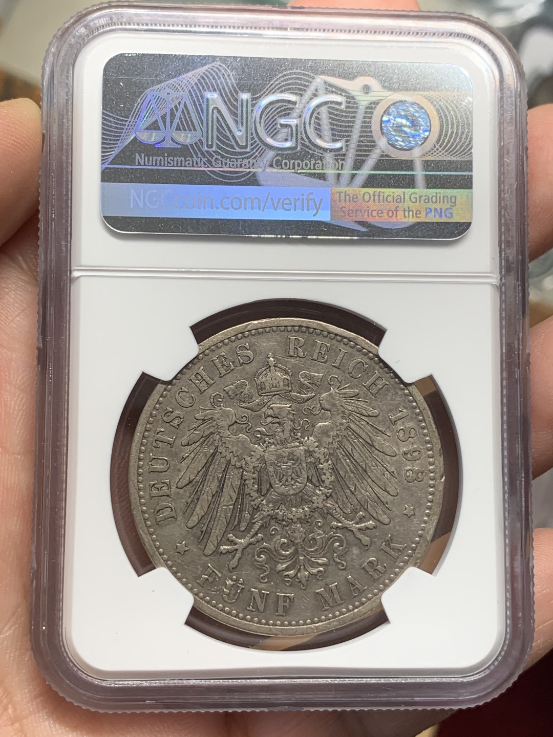 《竞宝斋》第107场-周日，周一 2场连拍（全场包邮） NGC-VF35 德国 1898年 普鲁士5马克银币 味道不错