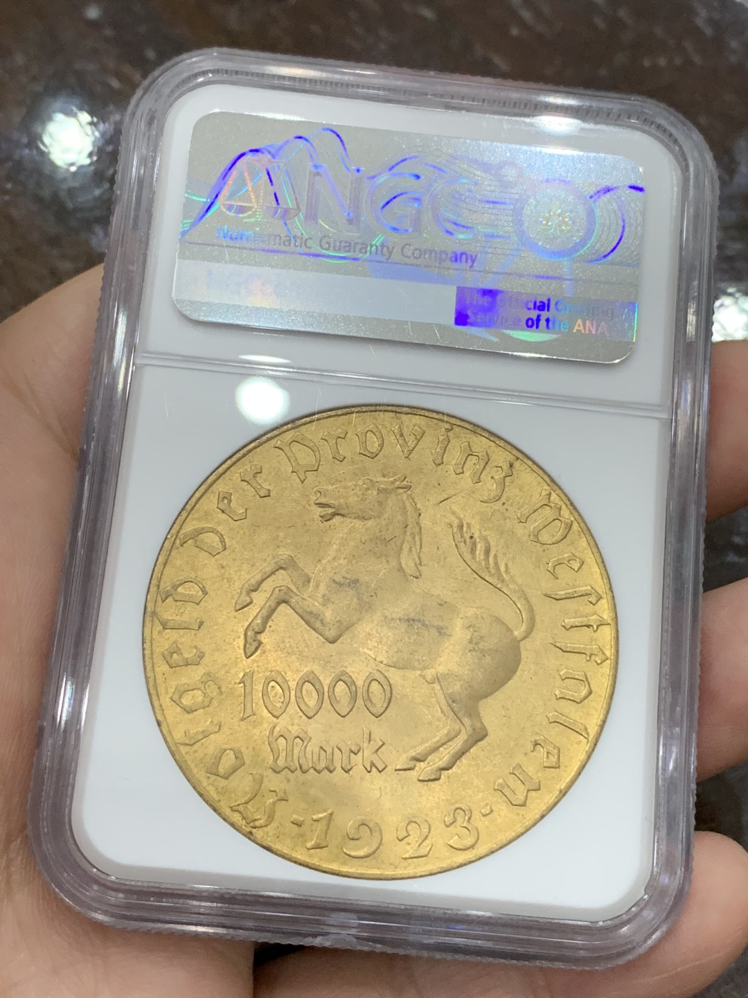 《竞宝斋》第107场-周日，周一 2场连拍（全场包邮） NGC MS64 德国 德紧1923年10000马克镀金大马铜币