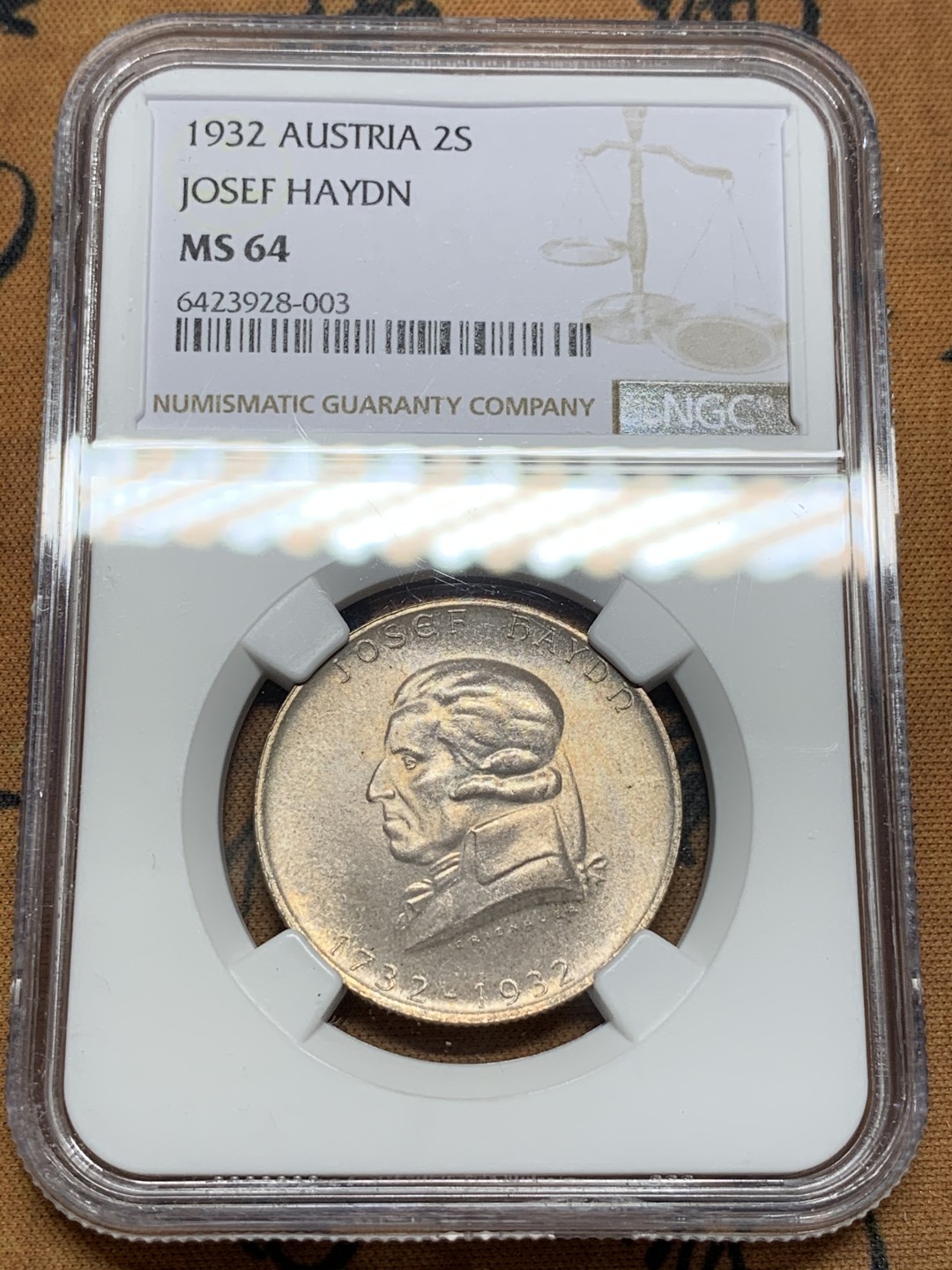 《竞宝斋》第107场-周日，周一 2场连拍（全场包邮） NGC-MS64 奥地利1932年 2先令银币 粉光状态非常漂亮