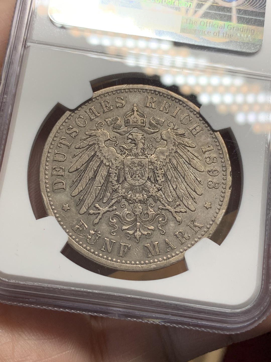 《竞宝斋》第107场-周日，周一 2场连拍（全场包邮） NGC-VF35 德国 1898年 普鲁士5马克银币 味道不错