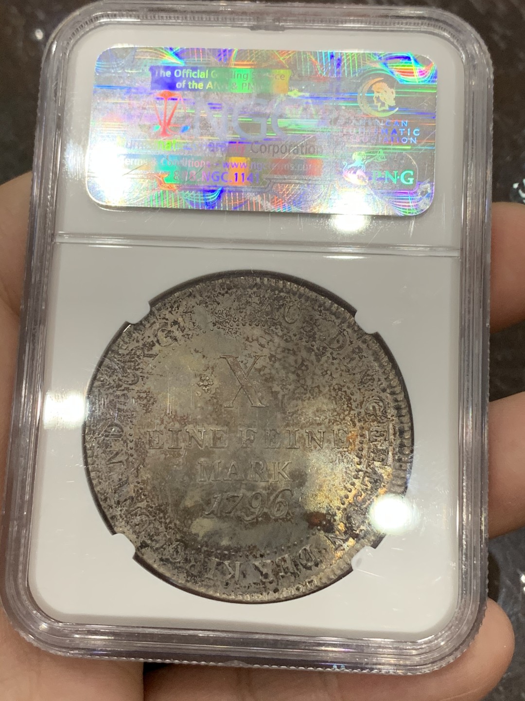 《竞宝斋》第107场-周日，周一 2场连拍（全场包邮） NGC MS63 德国 1796年 法兰克福 烧鸡泰勒 双面彩色包浆 底光好 值得收藏