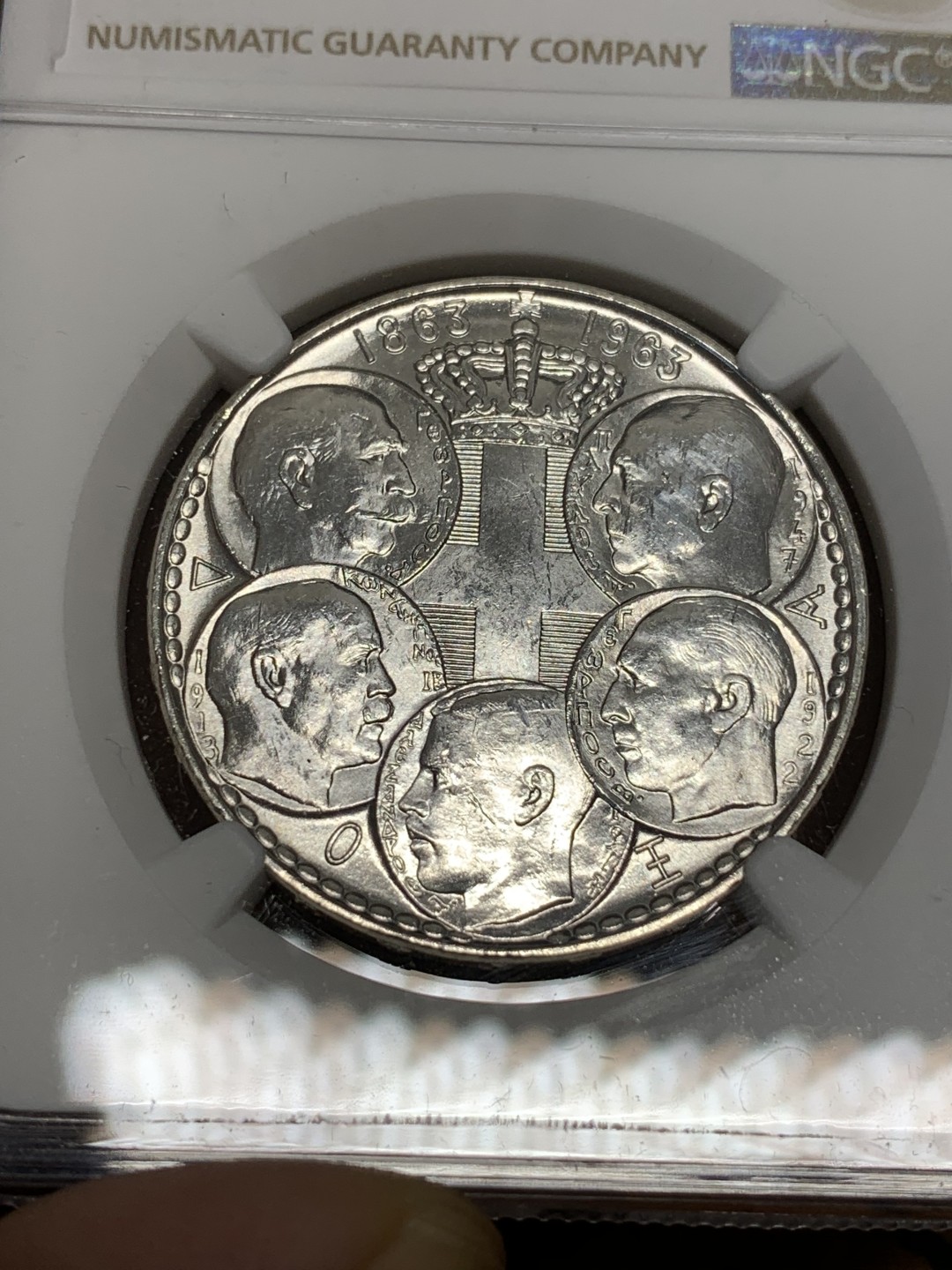 《竞宝斋》第107场-周日，周一 2场连拍（全场包邮） NGC-MS64 希腊 银币  1963 30德拉克马 百年王朝