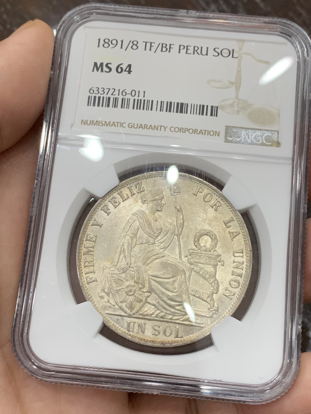 《竞宝斋》第107场-周日，周一 2场连拍（全场包邮） NGC-NS64  亚军分 双骑字版  1891/8 TF/BF秘鲁自由女神1索尔银币，状态极好