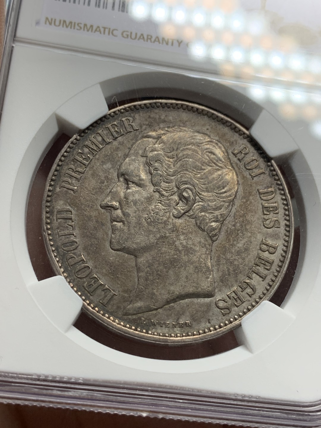 《竞宝斋》第107场-周日，周一 2场连拍（全场包邮） NGC-AU50 比利时1853年利奥波德一世皇家婚礼纪念5法郎原味银币 少见品种