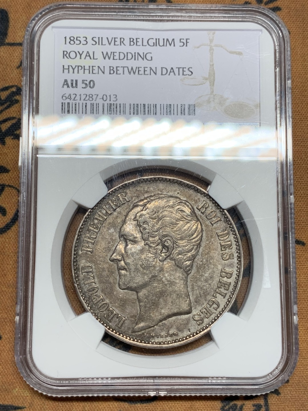 《竞宝斋》第107场-周日，周一 2场连拍（全场包邮） NGC-AU50 比利时1853年利奥波德一世皇家婚礼纪念5法郎原味银币 少见品种