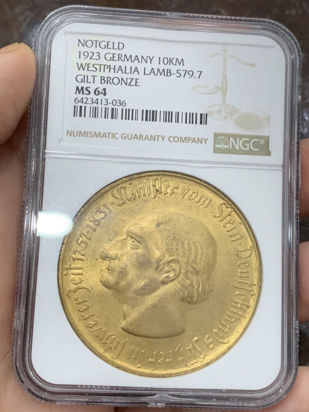 《竞宝斋》第107场-周日，周一 2场连拍（全场包邮） NGC MS64 德国 德紧1923年10000马克镀金大马铜币