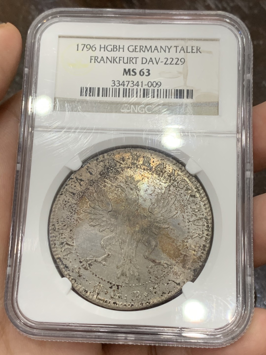 《竞宝斋》第107场-周日，周一 2场连拍（全场包邮） NGC MS63 德国 1796年 法兰克福 烧鸡泰勒 双面彩色包浆 底光好 值得收藏