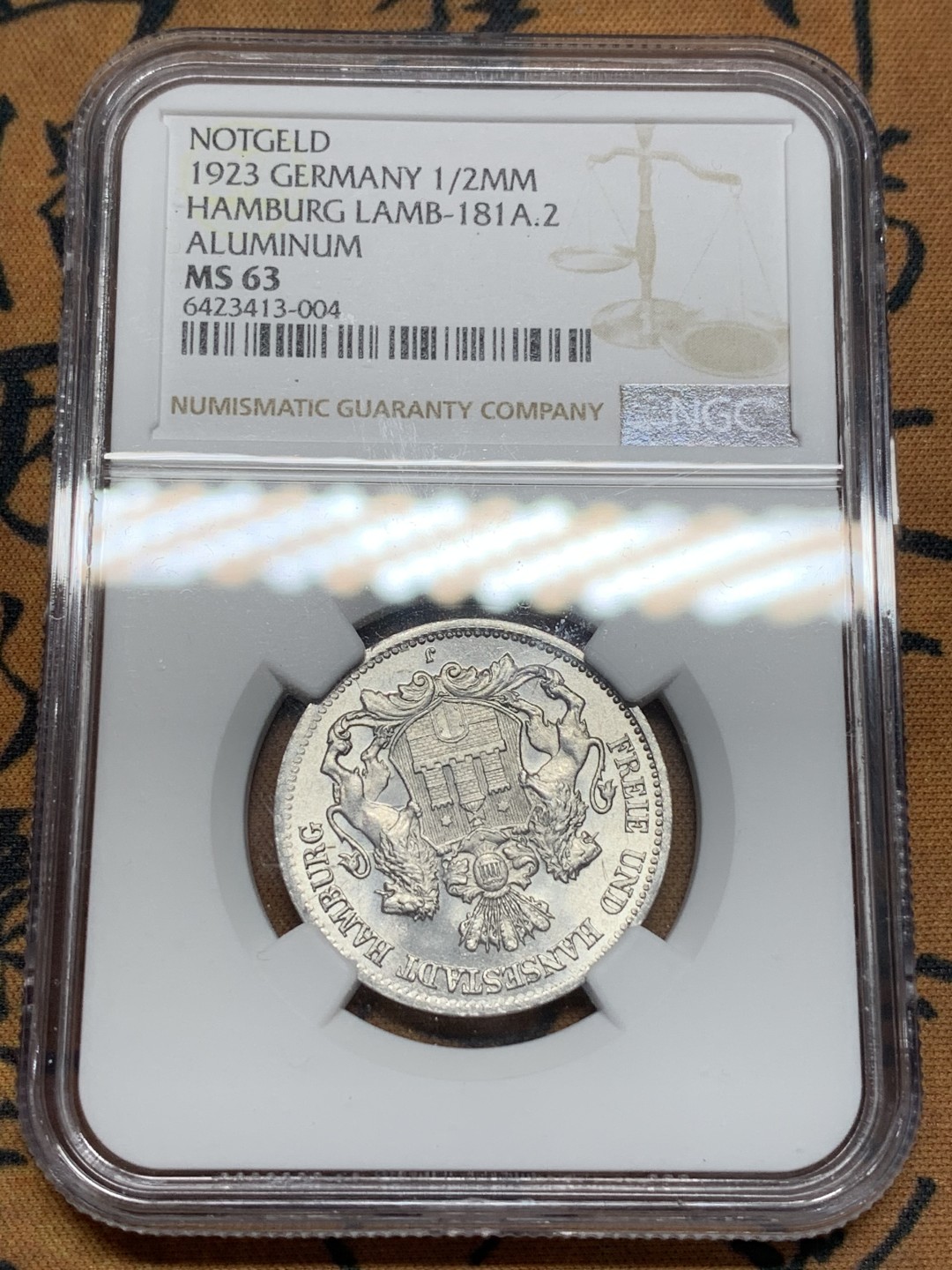 《竞宝斋》第107场-周日，周一 2场连拍（全场包邮） NGC MS63 德国 德紧 1923年 1/2马克 双狮铝币