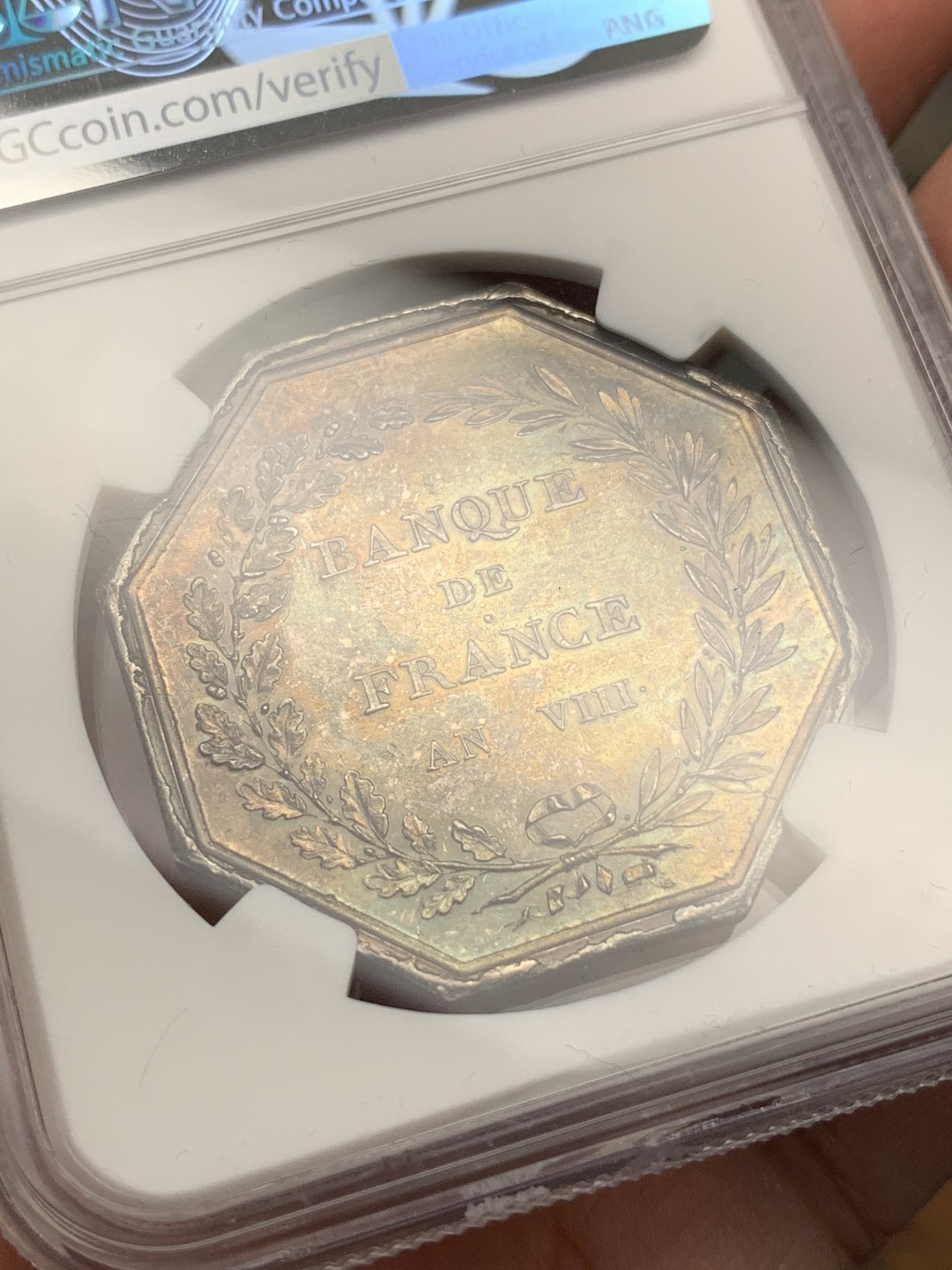 《竞宝斋》第107场-周日，周一 2场连拍（全场包邮） NGC MS61 法国1800年法兰西银行女神八角银质 代币 双面深五彩