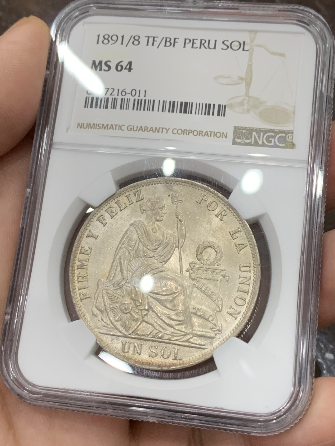 《竞宝斋》第107场-周日，周一 2场连拍（全场包邮） NGC-NS64  亚军分 双骑字版  1891/8 TF/BF秘鲁自由女神1索尔银币，状态极好