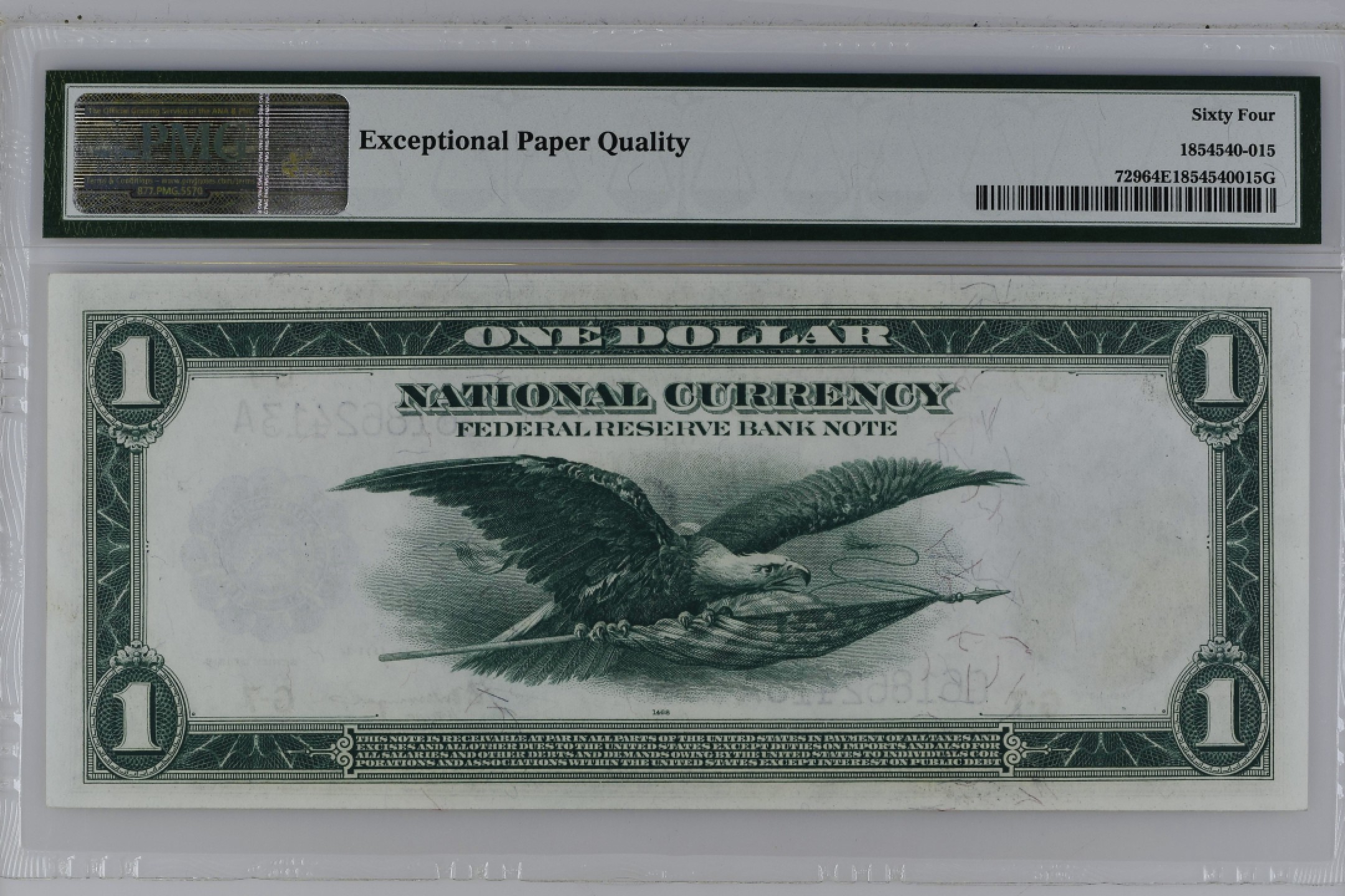 收藏联盟Quantum Auction 第200期拍卖  美国1918年国民联邦储备券1元 PMG64e 白头海雕