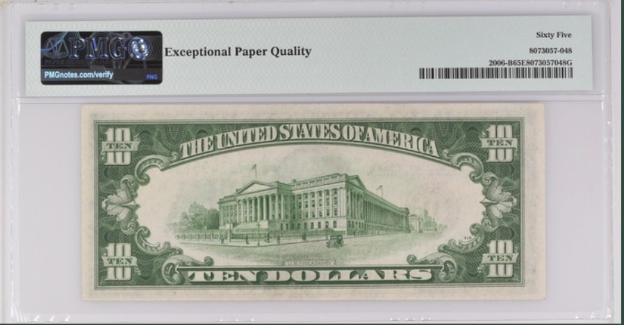 收藏联盟Quantum Auction 第200期拍卖  美国1934年联邦储备券10元 PMG65 稀少大绿库印