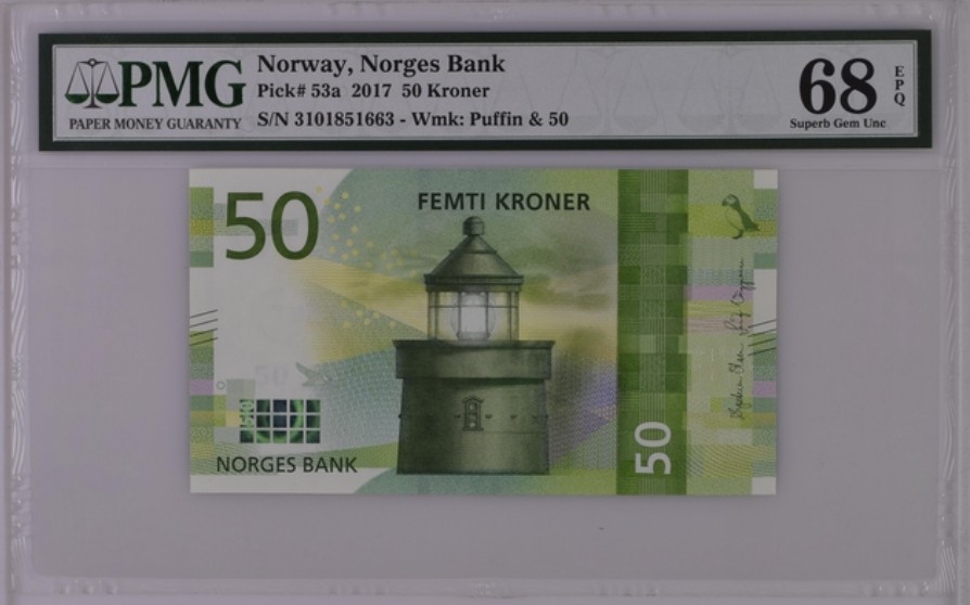 收藏联盟Quantum Auction 第200期拍卖  挪威2017年50克朗 PMG68 灯塔