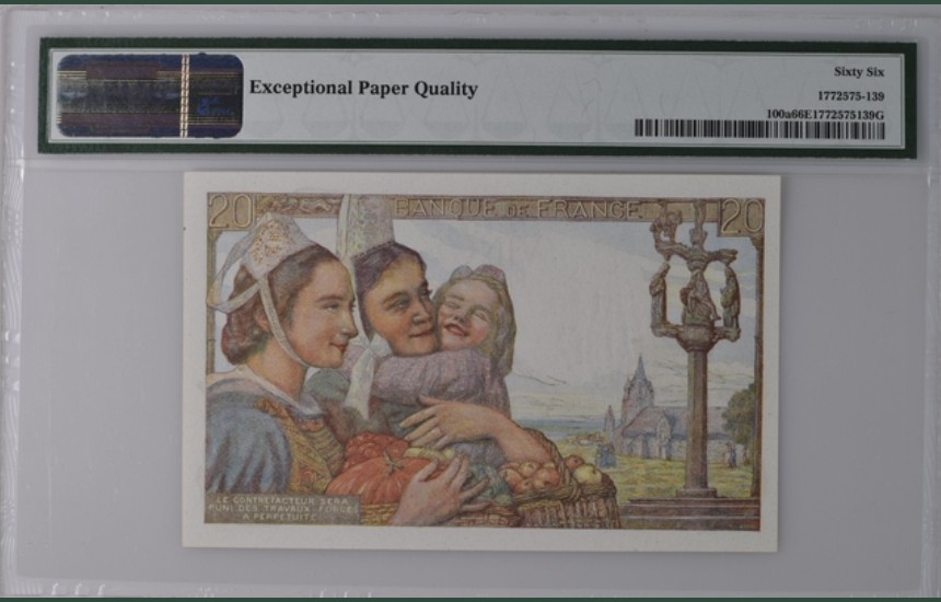 收藏联盟Quantum Auction 第200期拍卖  法国1944年20法郎 PMG66 渔夫