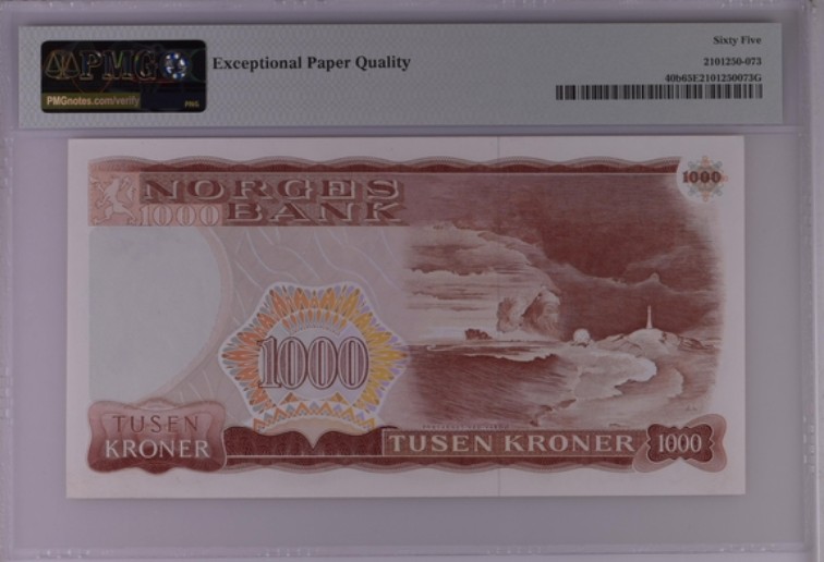 收藏联盟Quantum Auction 第200期拍卖  挪威1983年1000克朗 PMG65 数二的倒置号且自带豹子号888 现代戏剧之父 易卜生 
