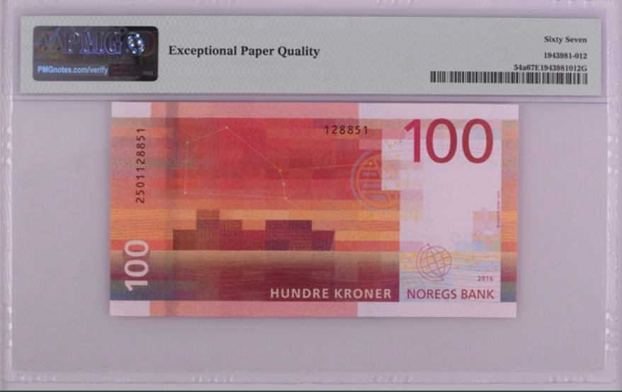 收藏联盟Quantum Auction 第200期拍卖  挪威2016年100克朗 PMG67 船头