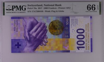 【Blue Auction】✨世界纸币精拍第238期——罗斯基勒的美景  - 【A版】瑞士 2017年1000法郎 PMG66EPQ 